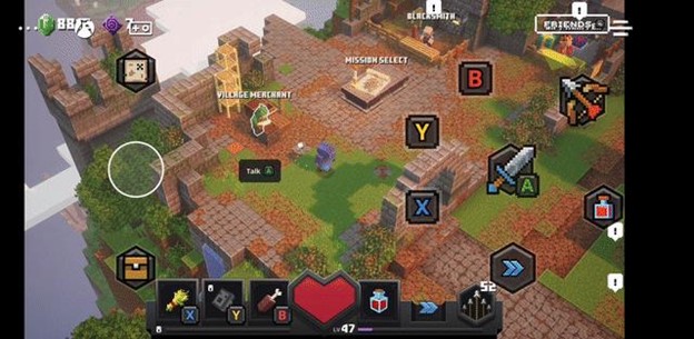 custom touch controls in Minecraft Dungeons, themed in the Minecraft design style