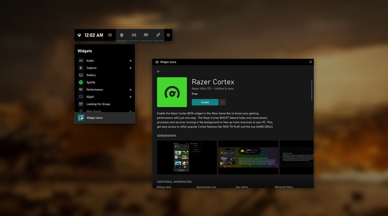 UI showing the Game Bar widget store